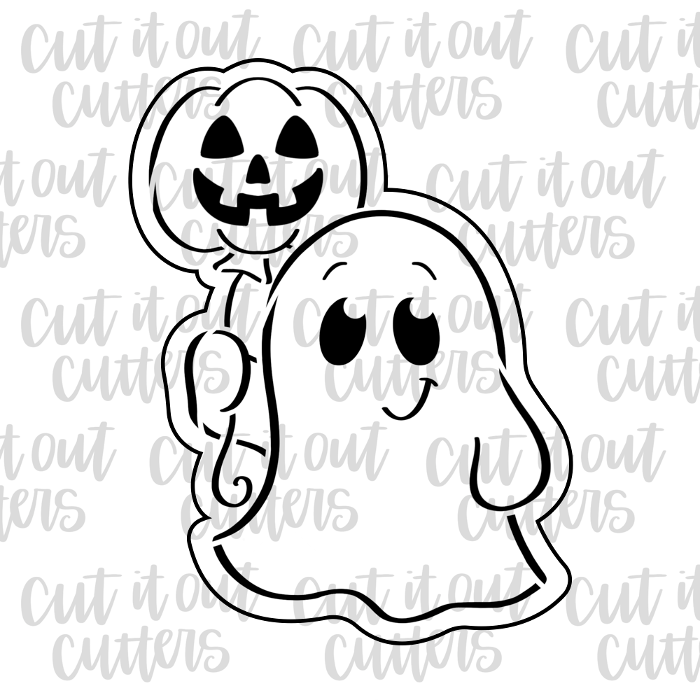 PYO Ghost with Pumpkin Balloon Cookie Cutter & Stencil